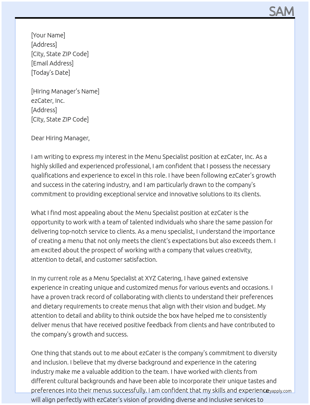 Menu Specialist At ezCater, Inc  Cover Letter