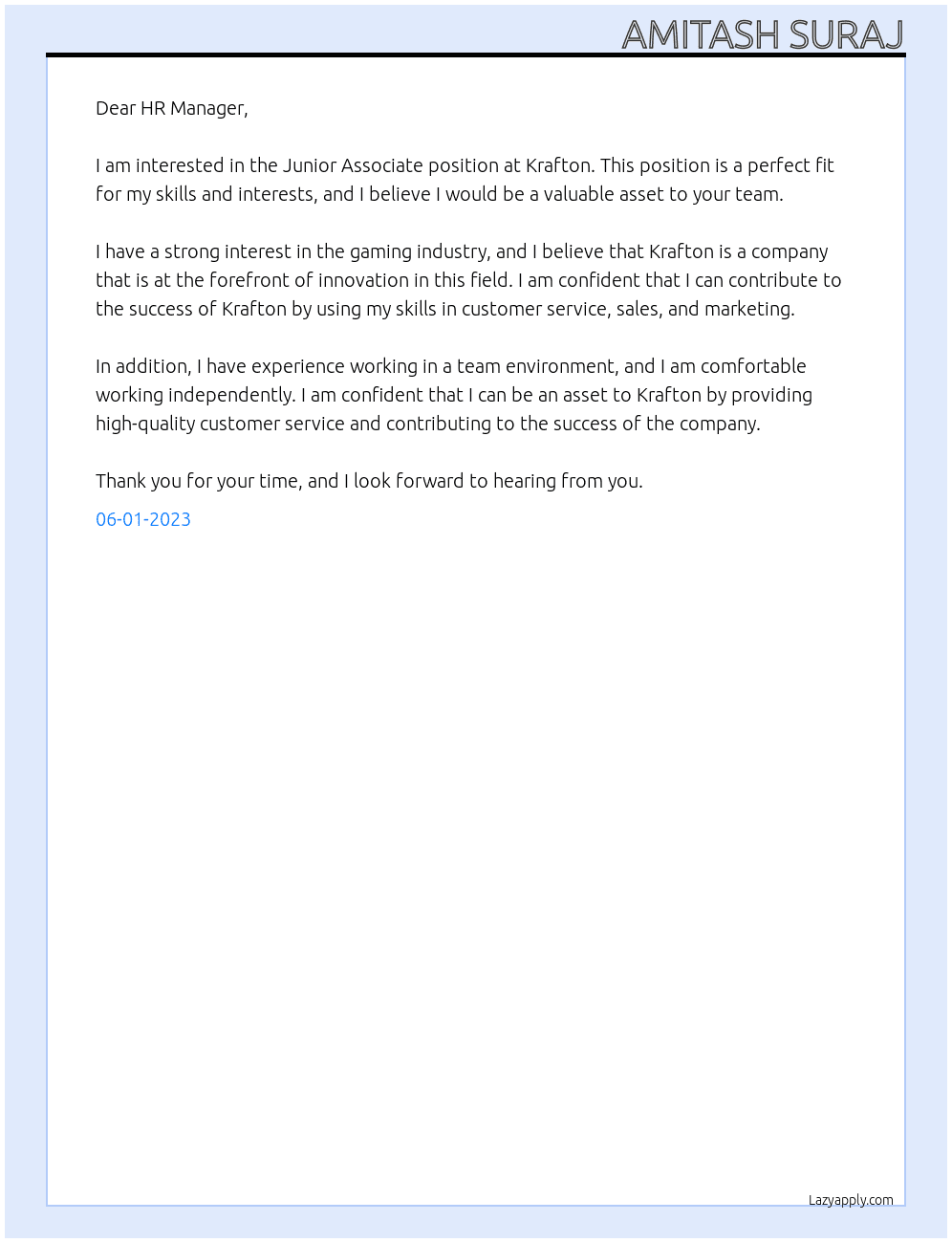 Junior Associate At Krafton Cover Letter