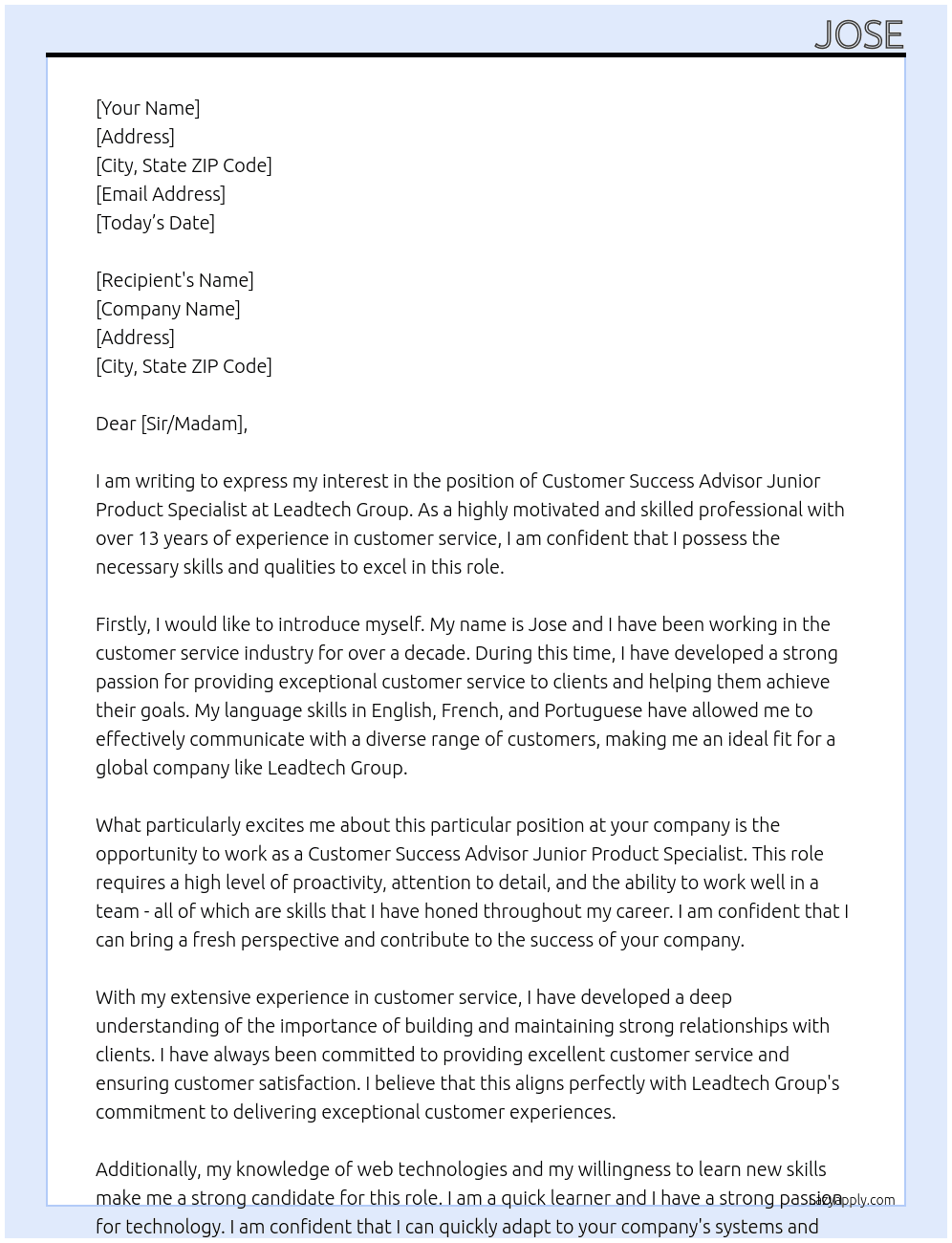 Customer Success AdvisorJunior Product Specialist At Leadtech Group Cover Letter