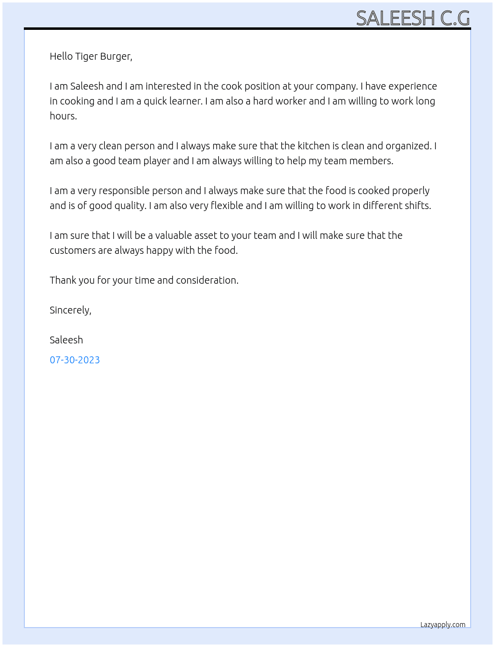 Cook At Tiger Burger Cover Letter
