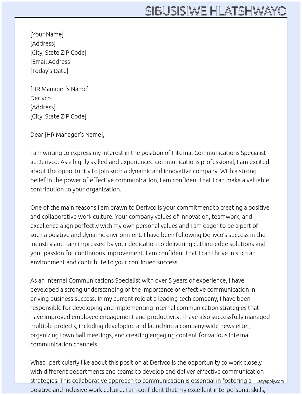 Internal Communications Specialist  At Derivco Cover Letter