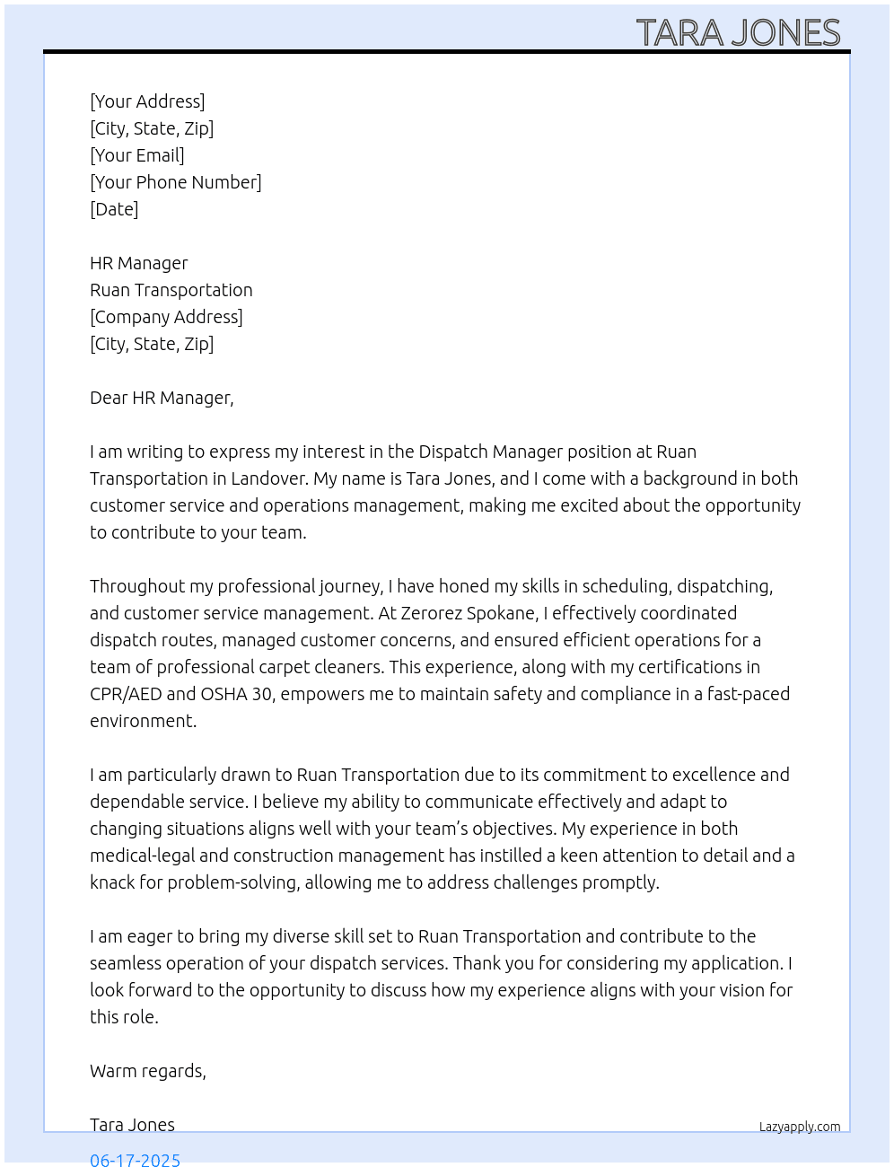 Dispatch Manager-Landover At Ruan Transportation  Cover Letter