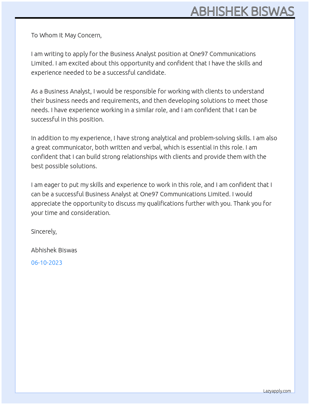 Business Analyst At One97 Communications Limited Cover Letter