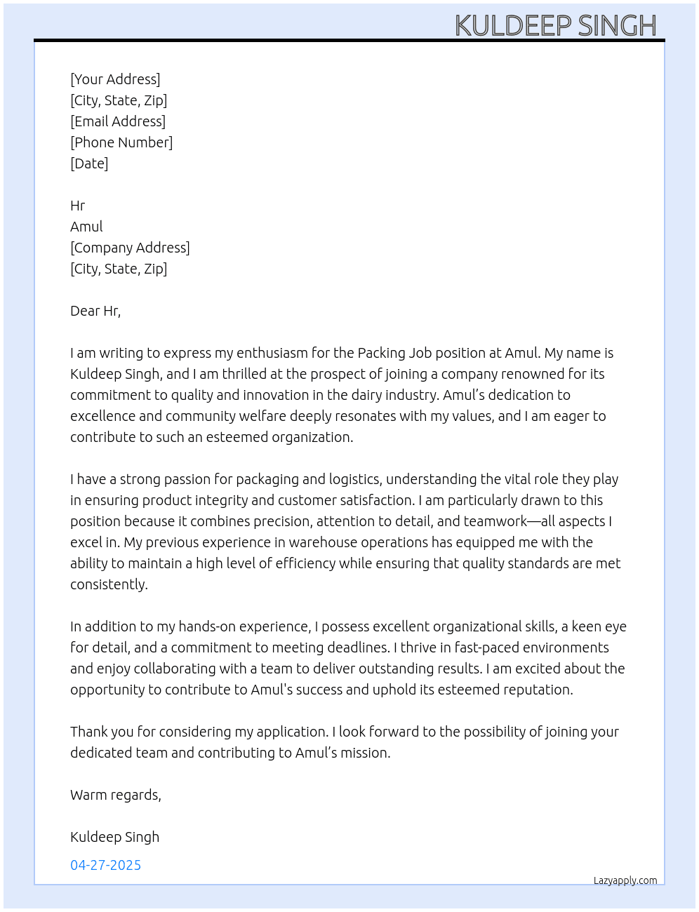 Packing job At Amul Cover Letter