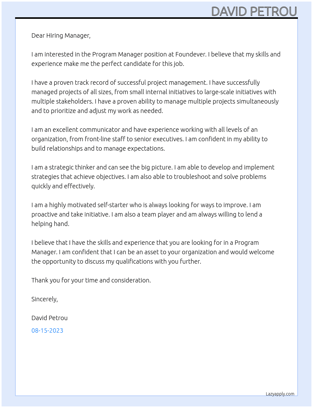 Program manager At Foundever, Virgin media Cover Letter