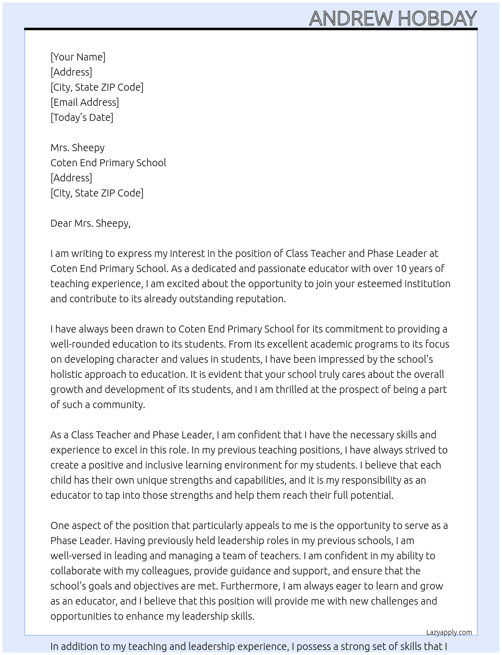 Class Teacher and Phase Leader At Coten End Primary School Cover Letter