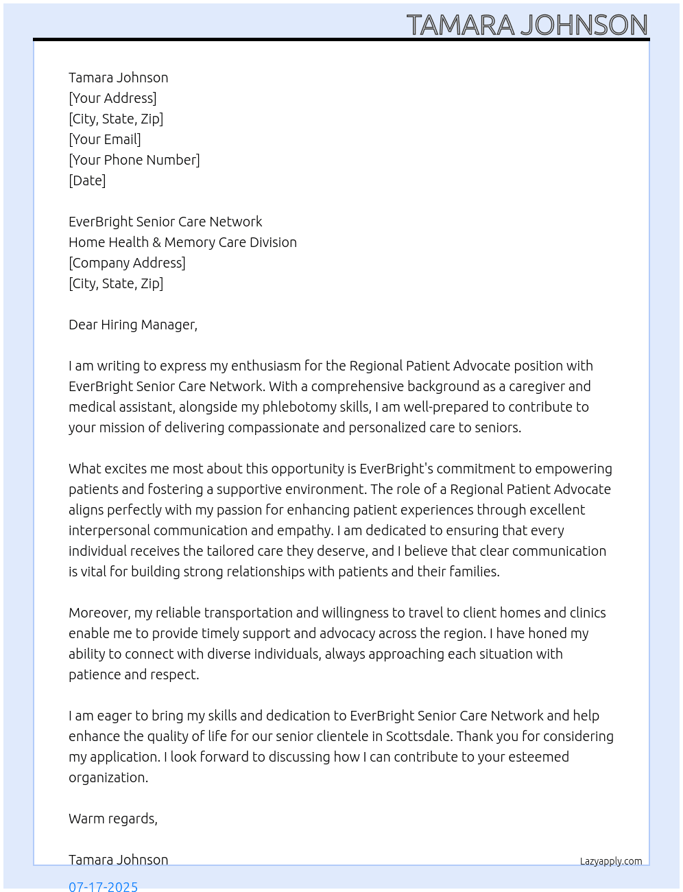Regional Patient Advocate At Home Health & Memory Care Division Cover Letter