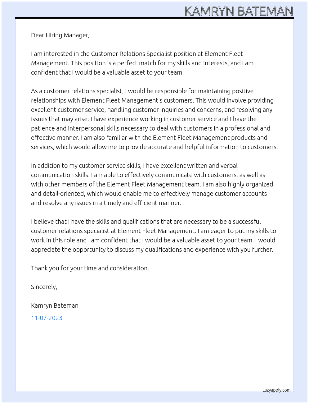 Customer Relations Specialist At Element Fleet Management Cover Letter