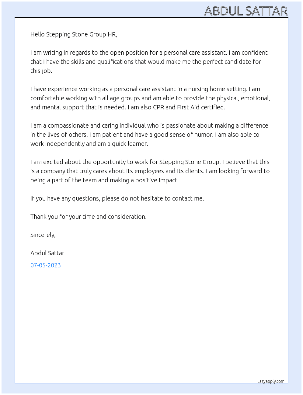 Personal care assistant  At Stepping stone group company  Cover Letter