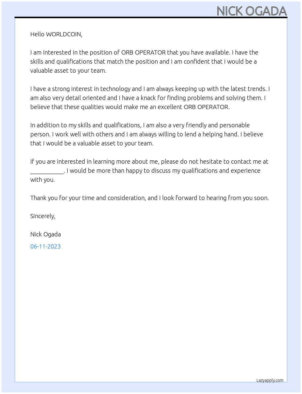 ORB OPERATOR At WORLDCOIN Cover Letter