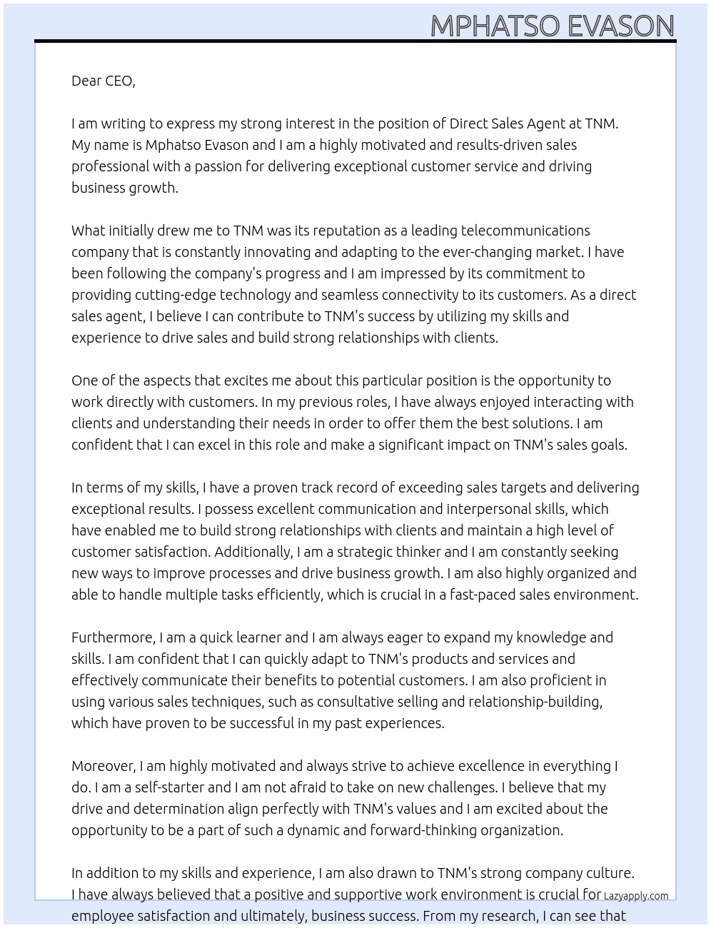 Direct sales agent At Tnm Cover Letter