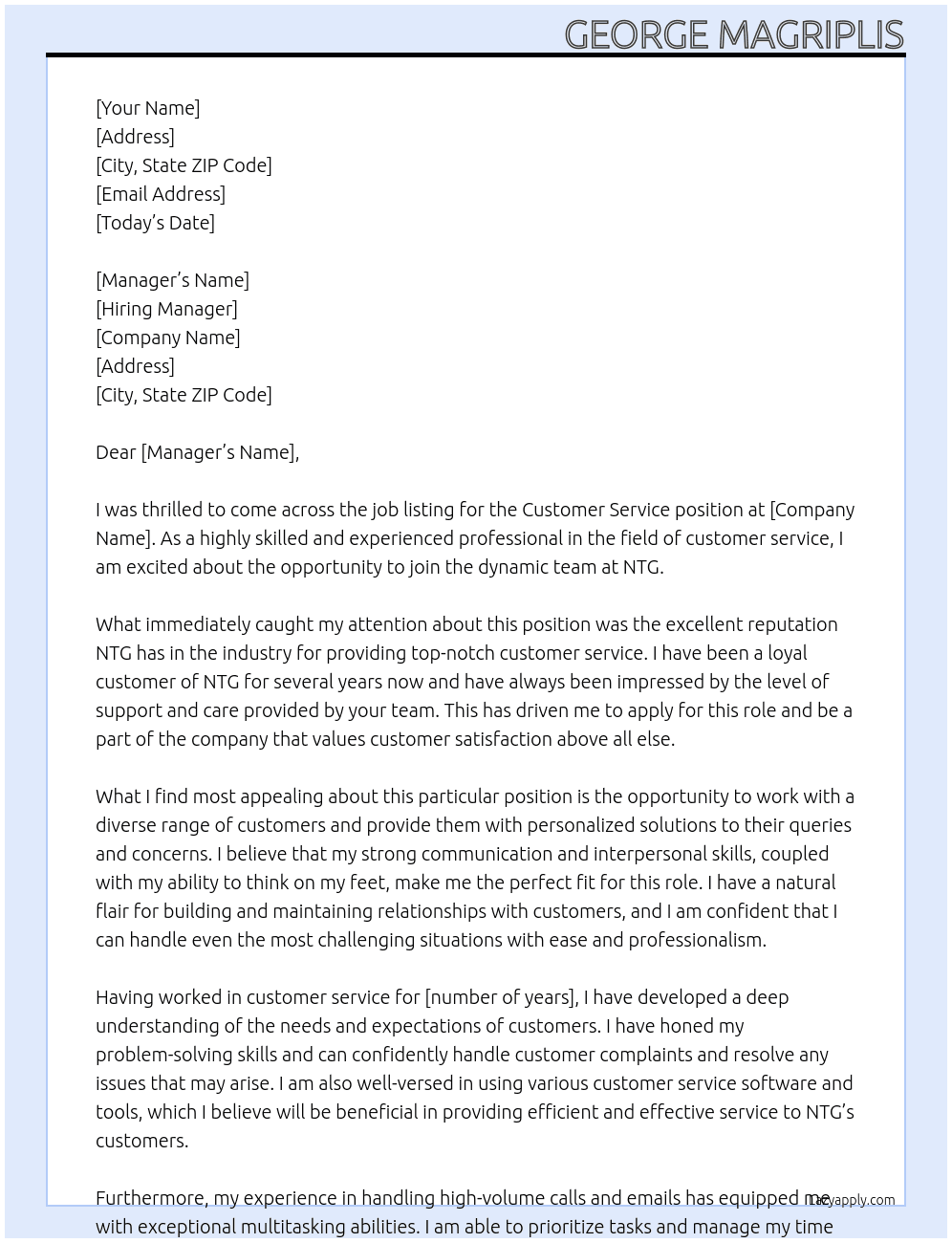 customer service  At NTG Cover Letter