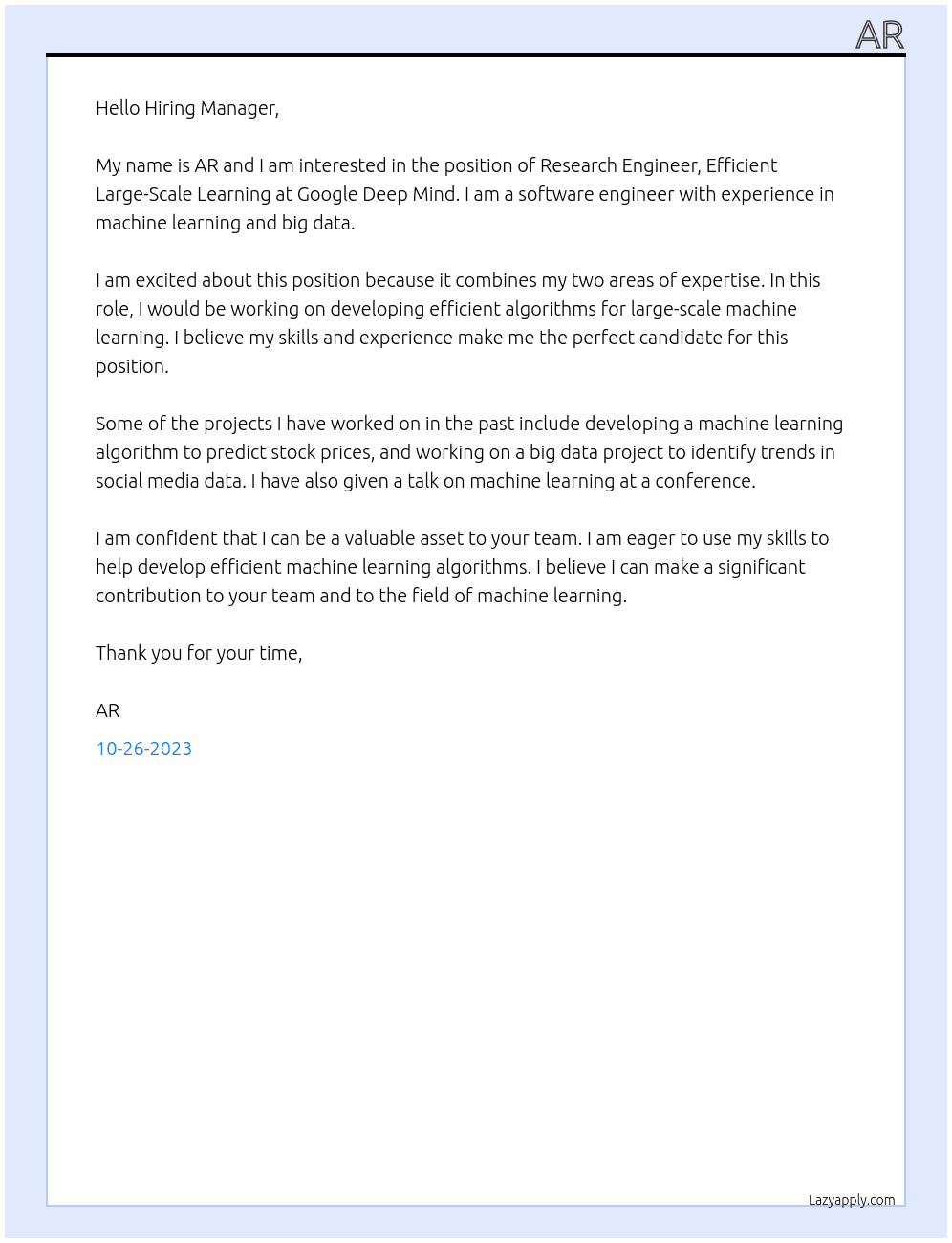 Research Engineer, Efficient Large-Scale Learning At Google Deep Mind Cover Letter