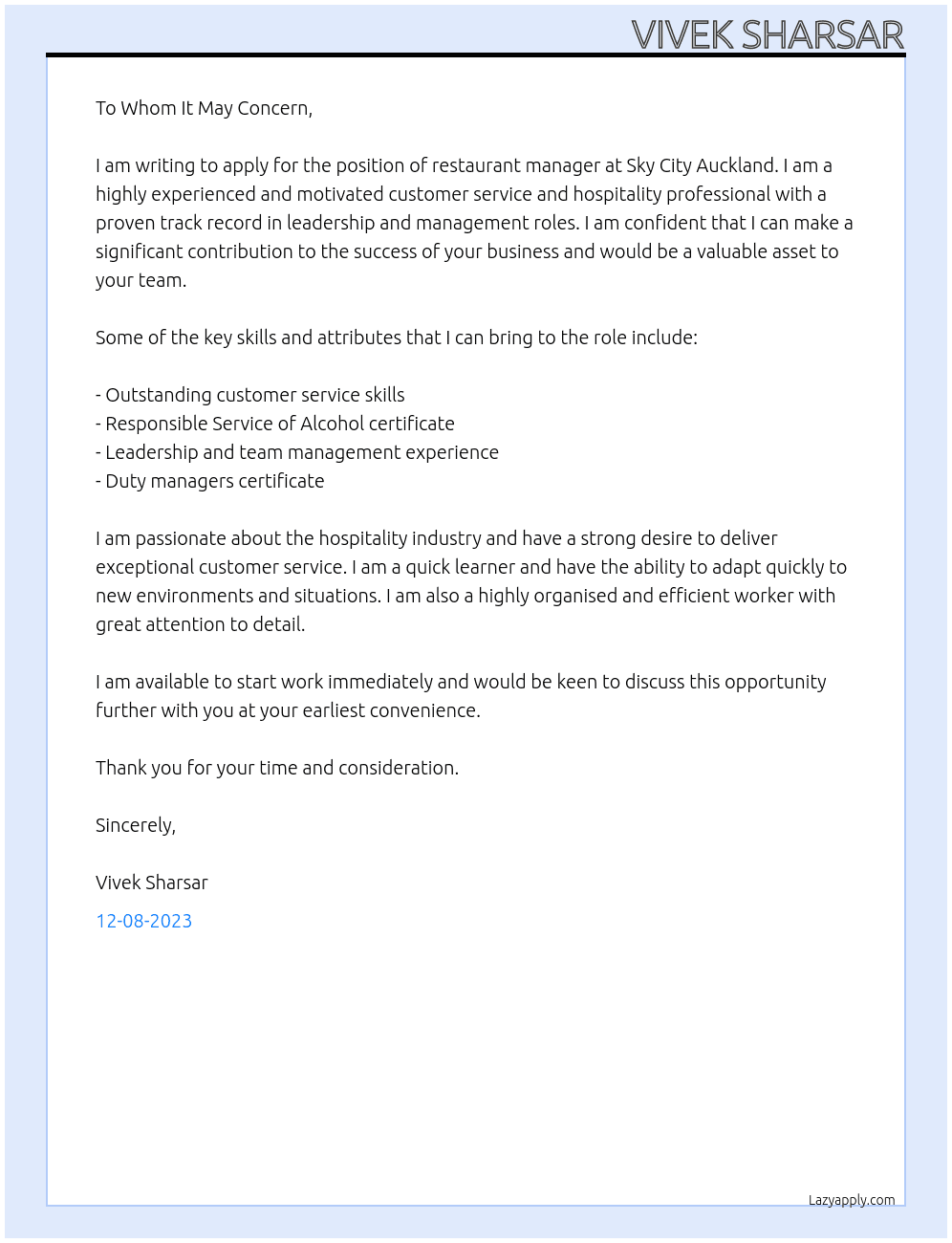 Restaurant manager At Sky city Auckland  Cover Letter