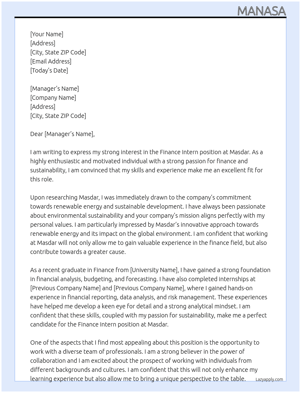 finance intern At masdar Cover Letter