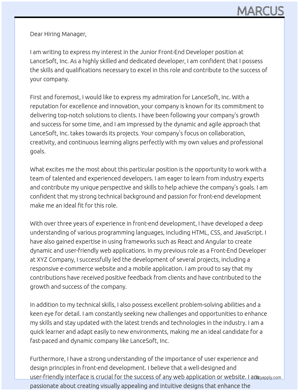 Junior Front-End Developer At LanceSoft, Inc Cover Letter