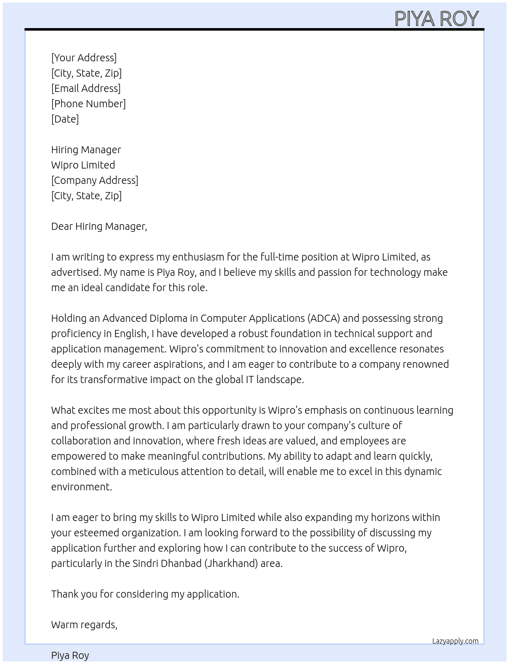 Cover letter for wipro - LazyApply