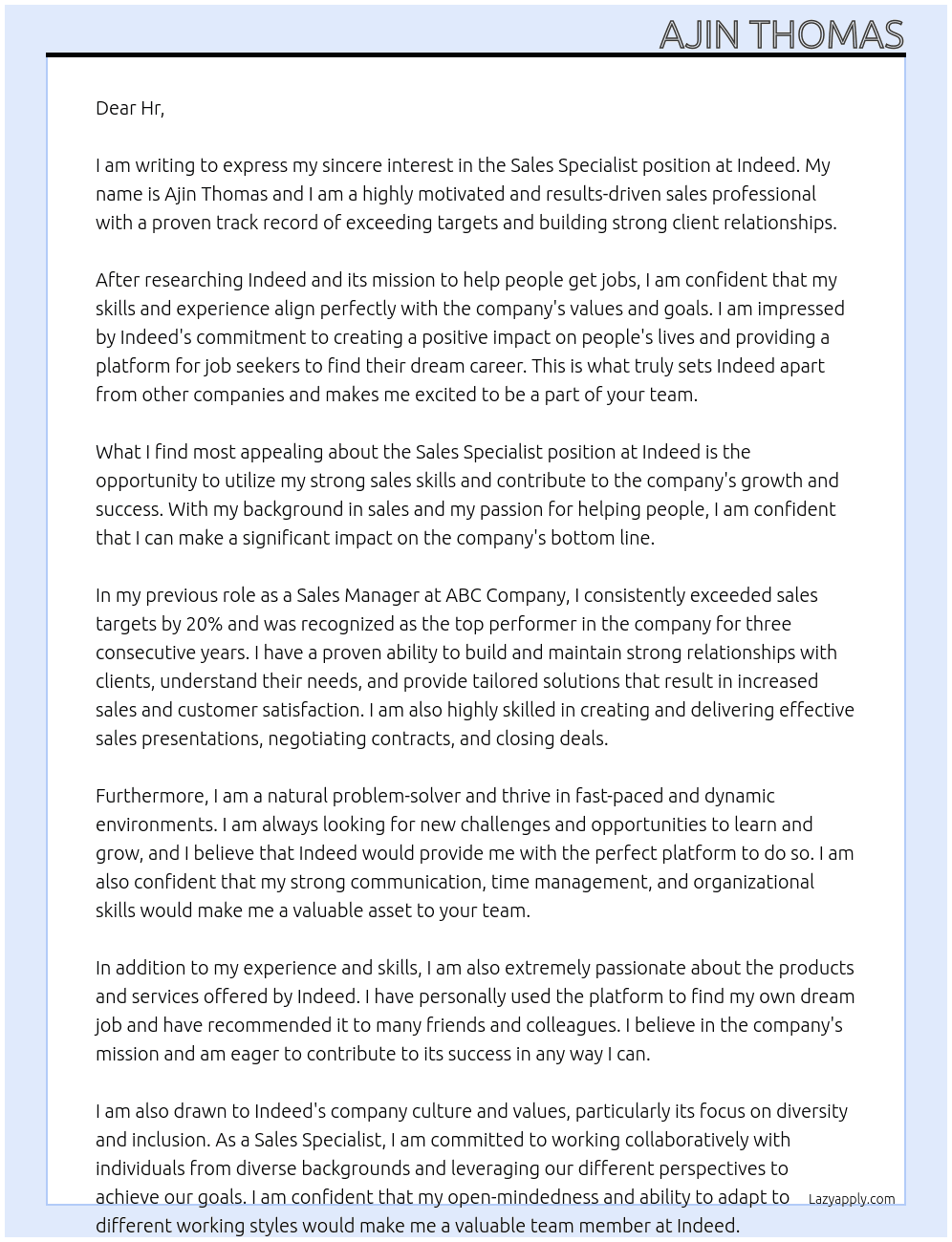 Sales specialist At Indeed Cover Letter