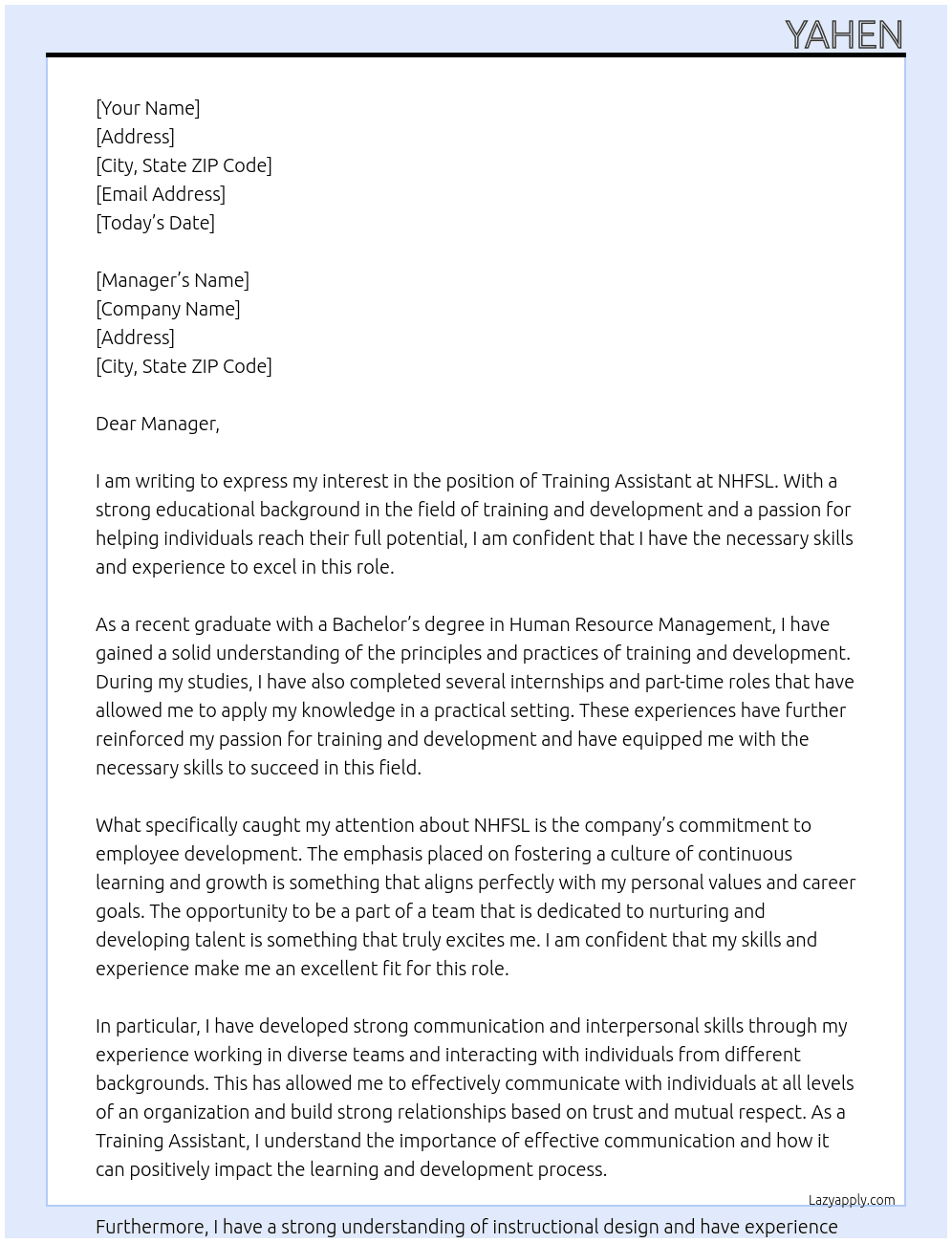 Training assistent  At NHFSL Cover Letter