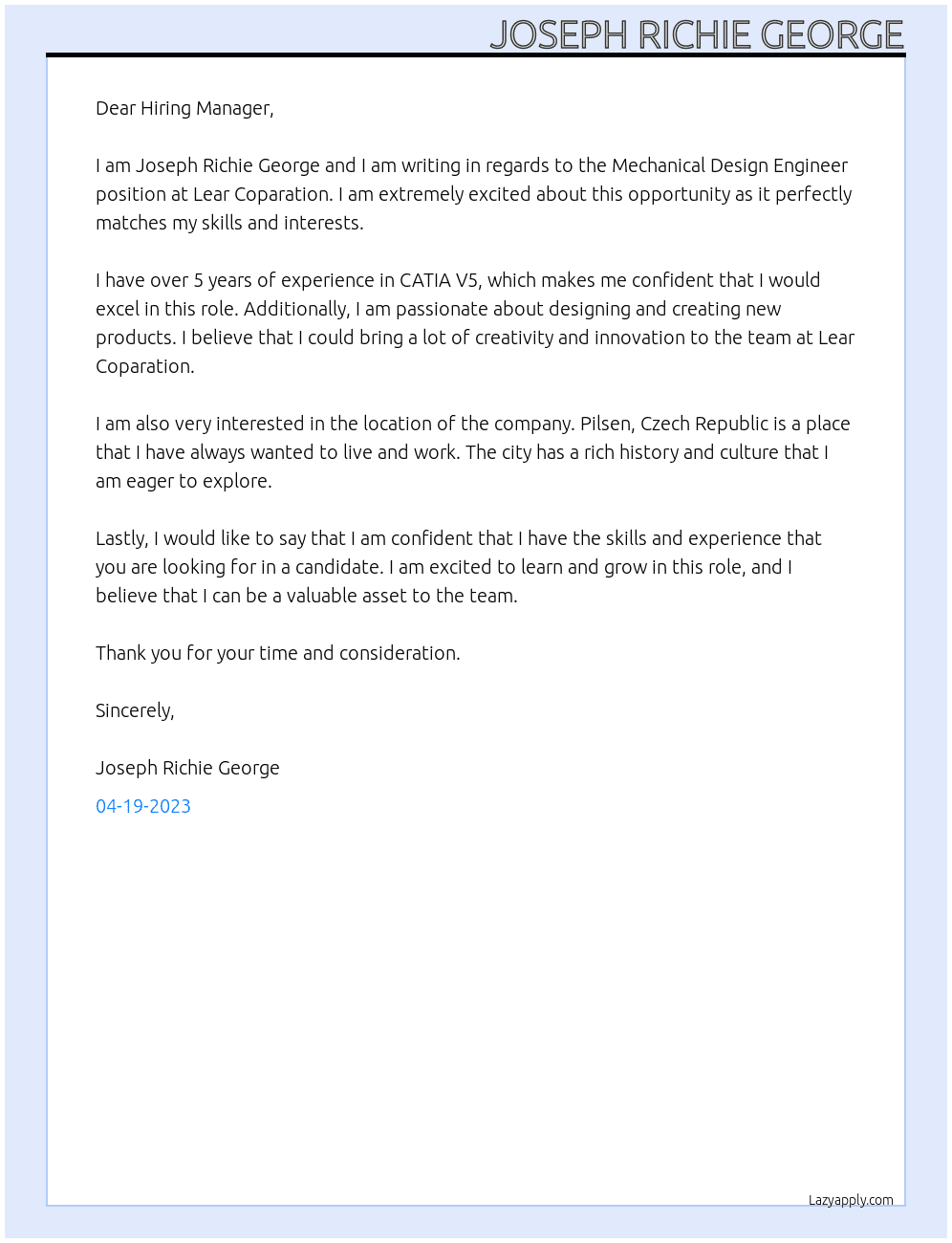 Mechanical Design Engineer At Lear Coparation Cover Letter