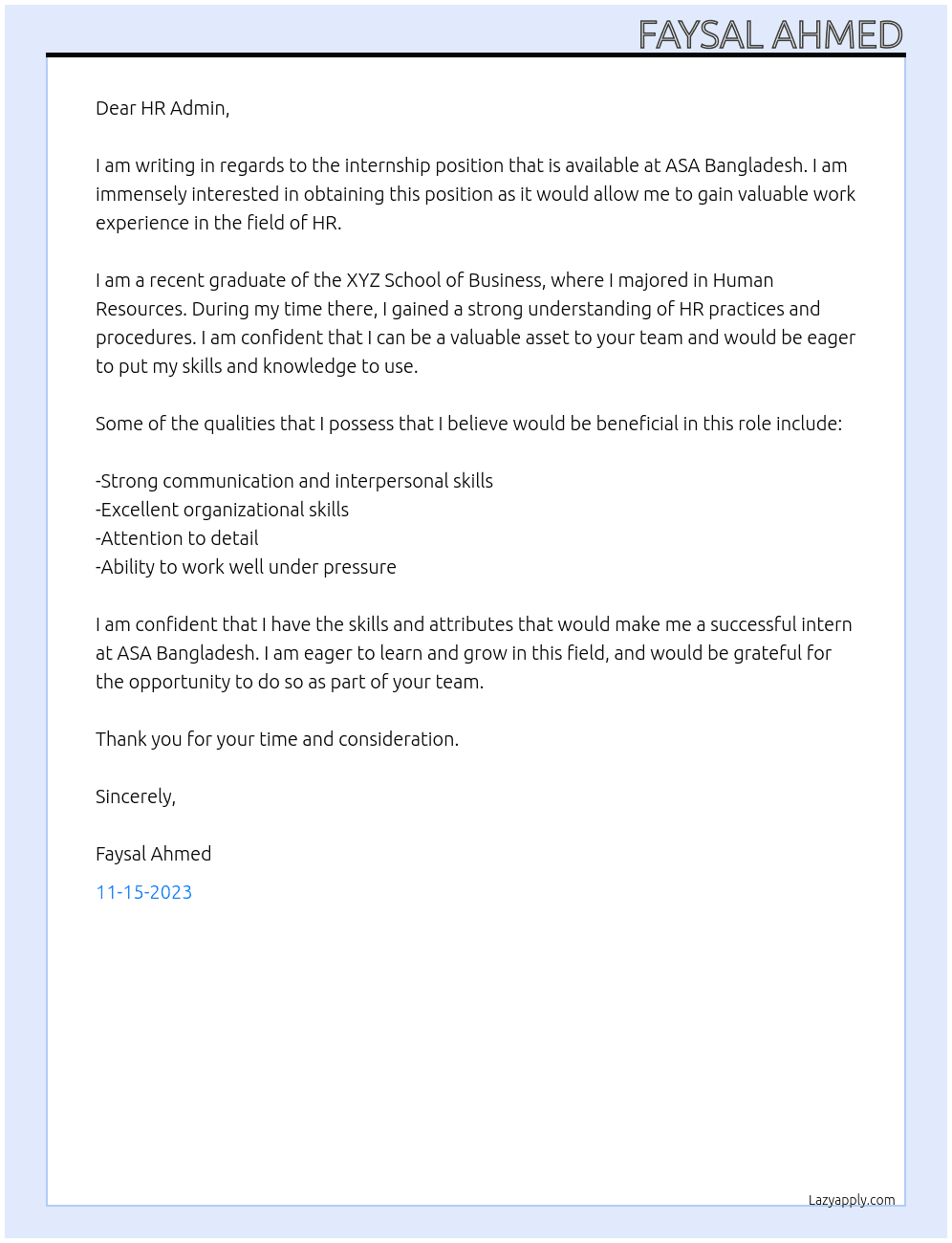 internship At ASA BANGLADESH  Cover Letter