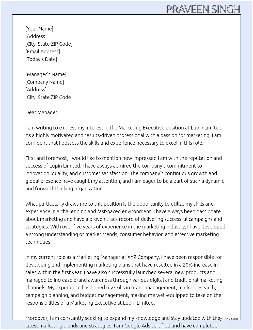 Marketing Executive At Lupin Limited Cover Letter