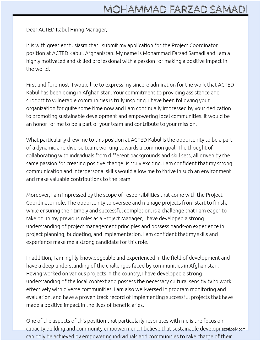 Project Coordinator  At  ACTED Kabul, Afghanistan Cover Letter