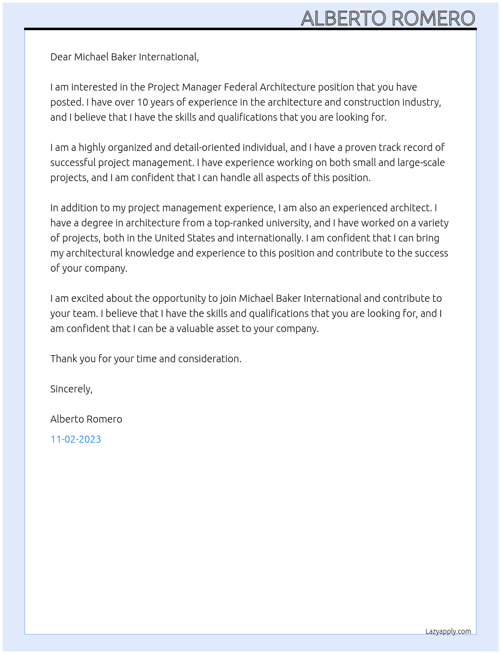 Project Manager Federal Architecture At Michael Baker International Cover Letter