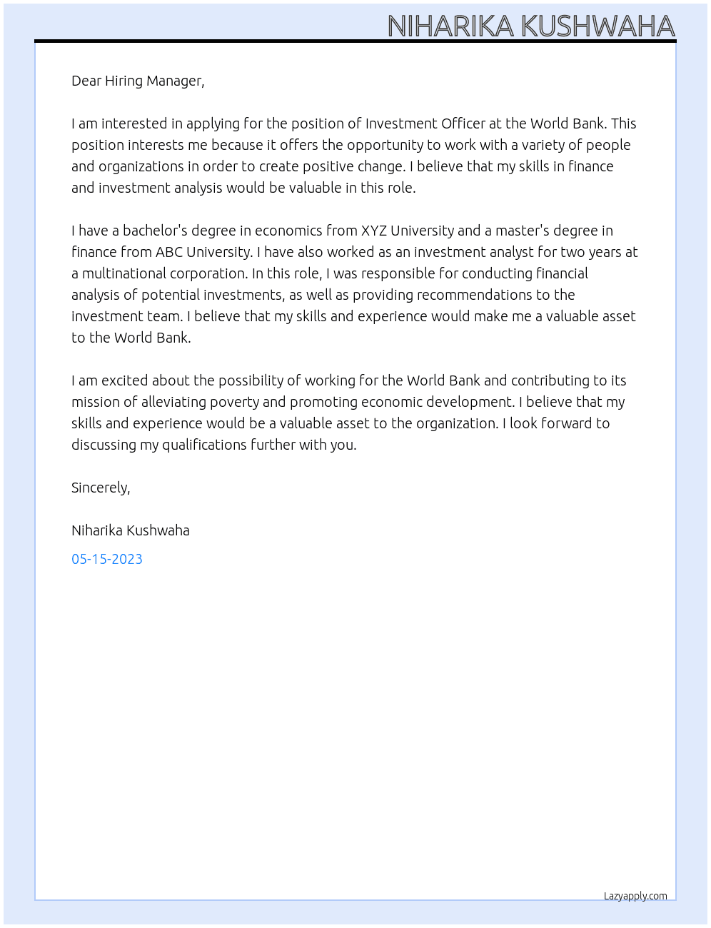 Investment officer At world bank Cover Letter