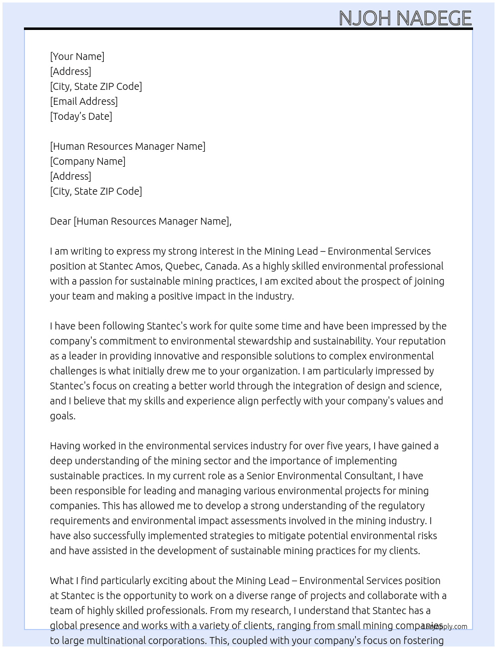 Mining Lead – Environmental Services  At Stantec Amos, Quebec, Canada Cover Letter