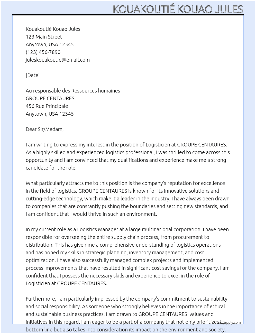 Logisticien At GROUPE CENTAURES Cover Letter