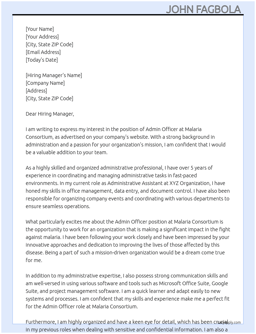 Admin officer  At Malaria Consortium  Cover Letter