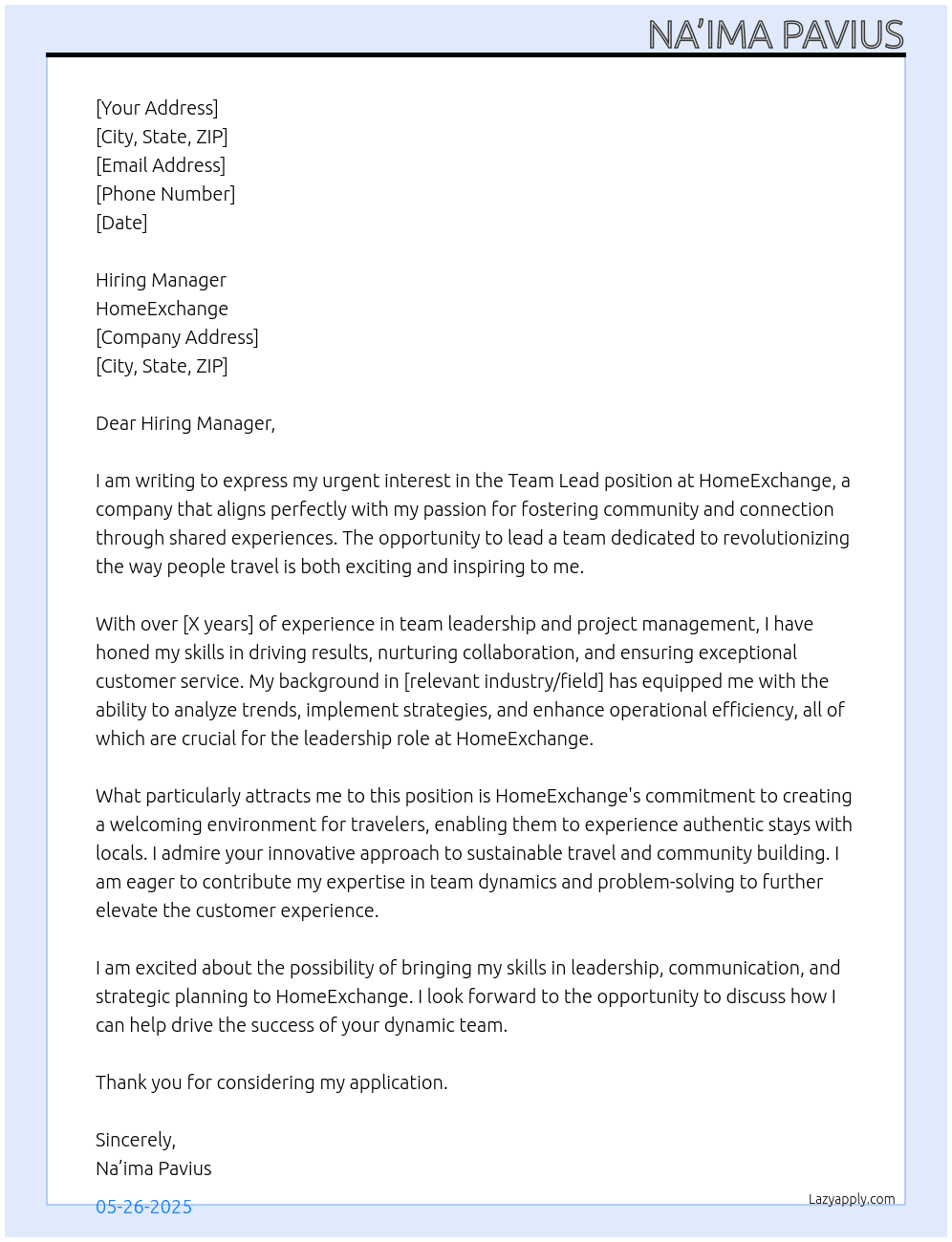Team Lead At HomeExchange Cover Letter