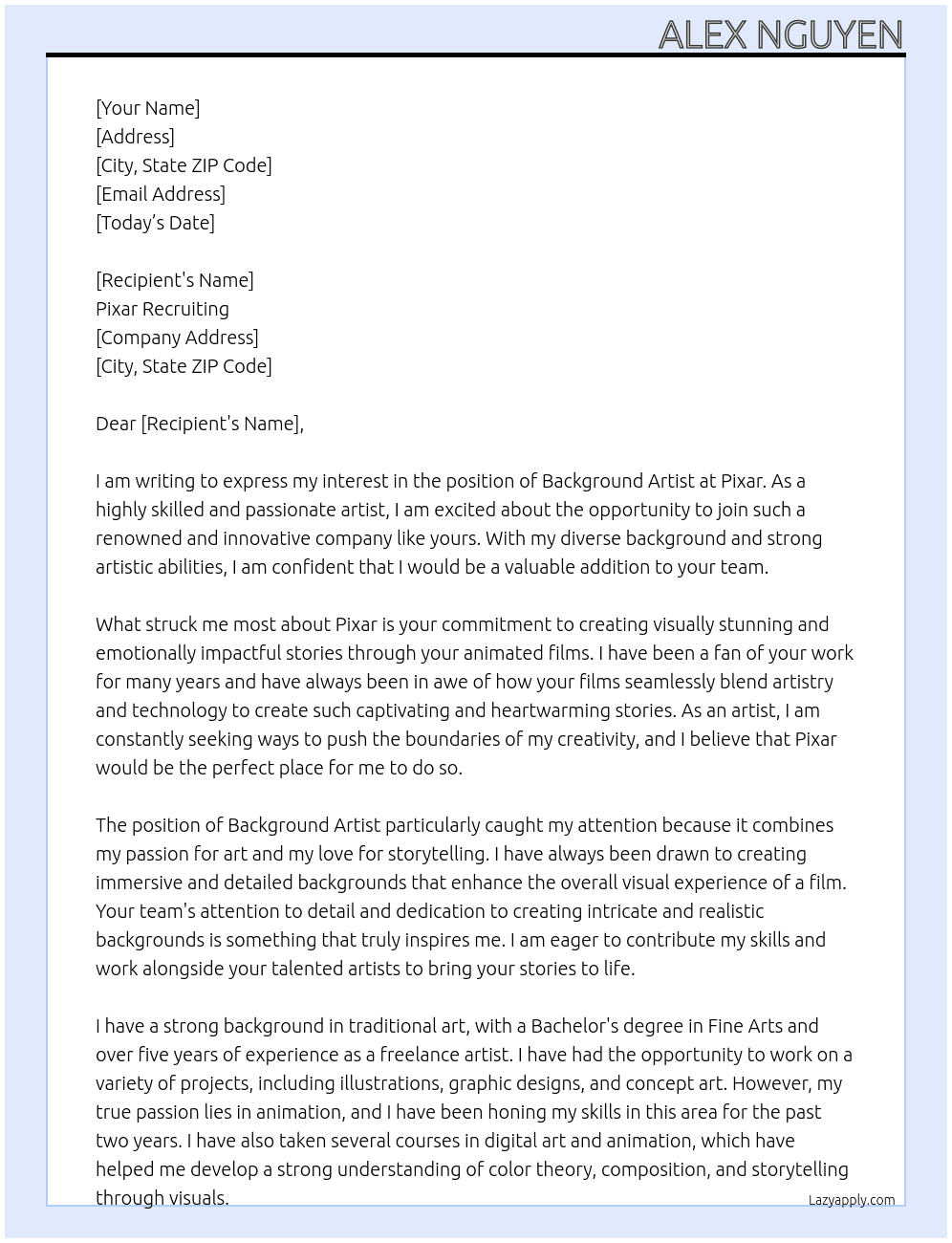 background artist At Pixar Cover Letter