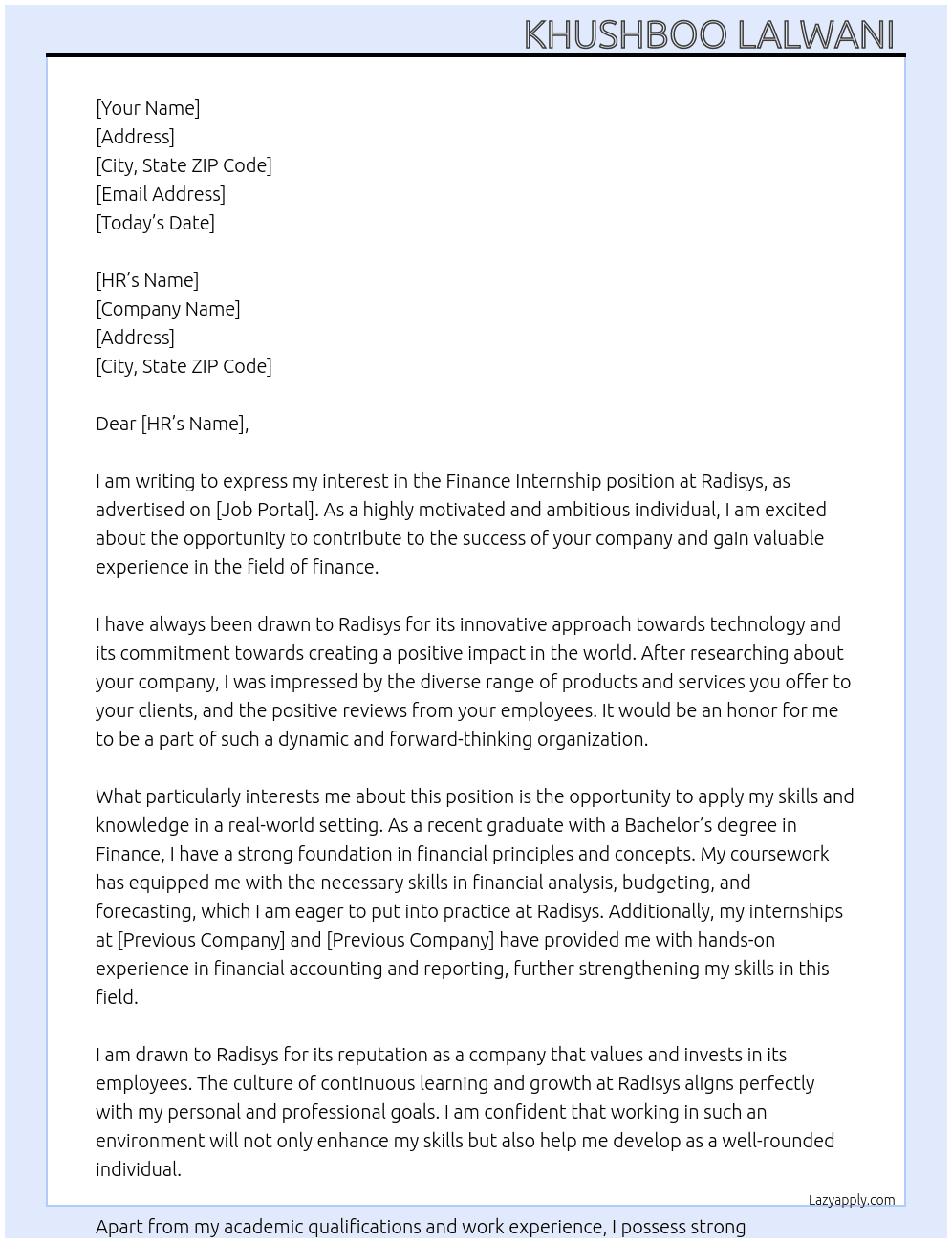 Finance internship  At Radisys Cover Letter