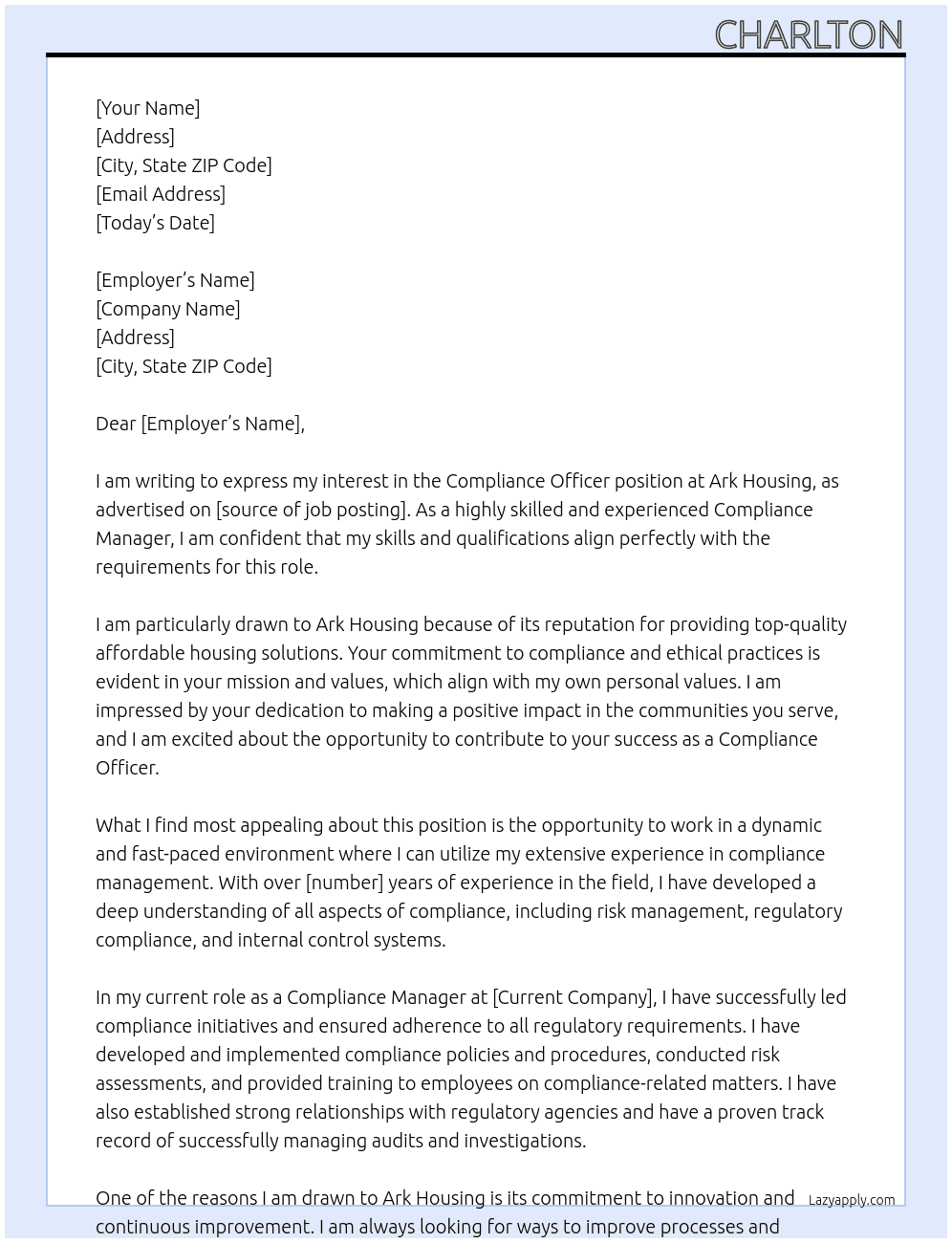 COMPLIANCE OFFICER  At ARK HOUSING Cover Letter