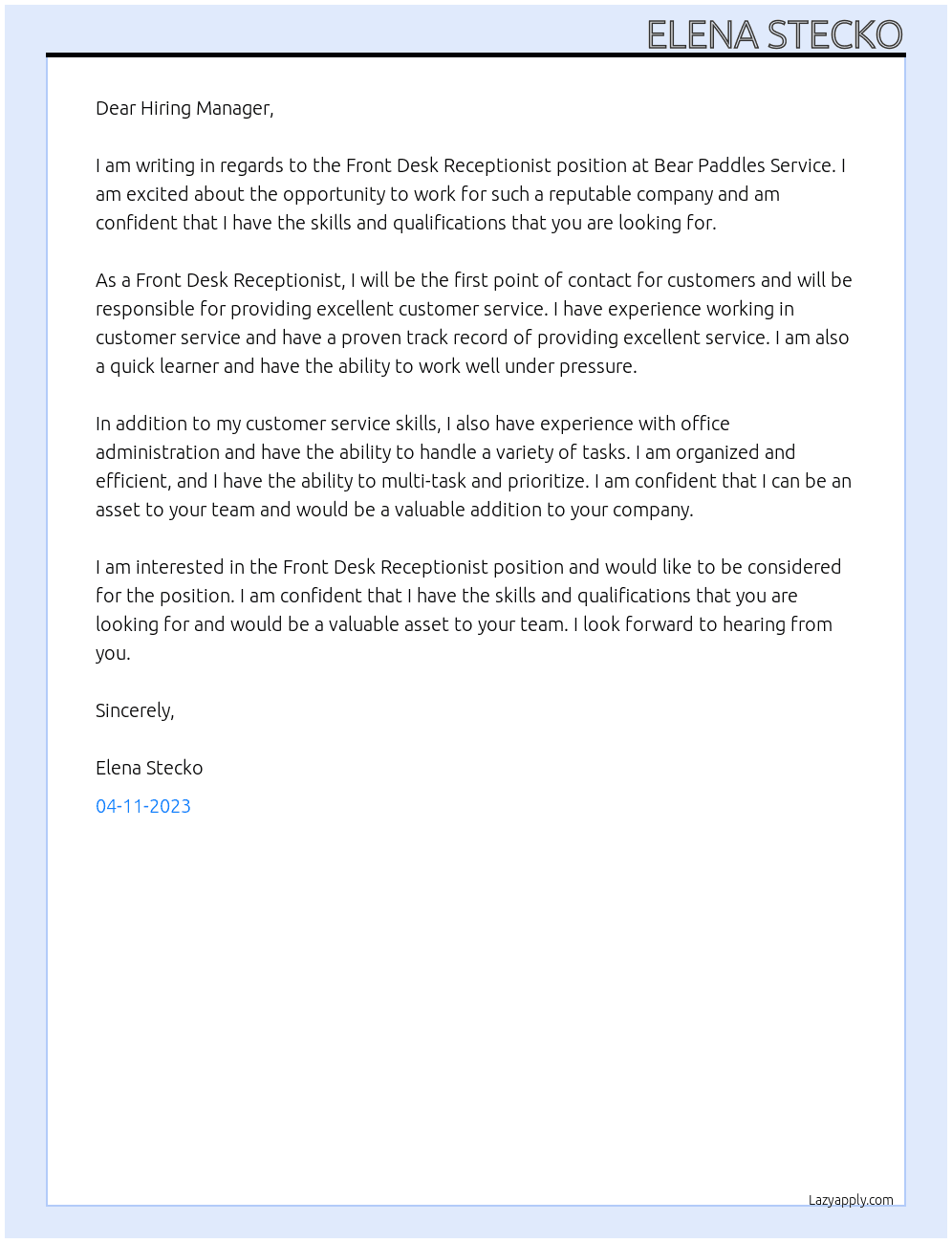 Front Desk Receptionist  At Bear Paddles Service  Cover Letter