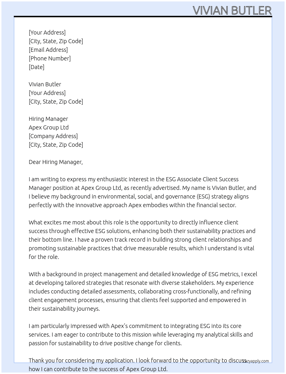 ESG Associate Client Success Manager At Apex Group Ltd Cover Letter