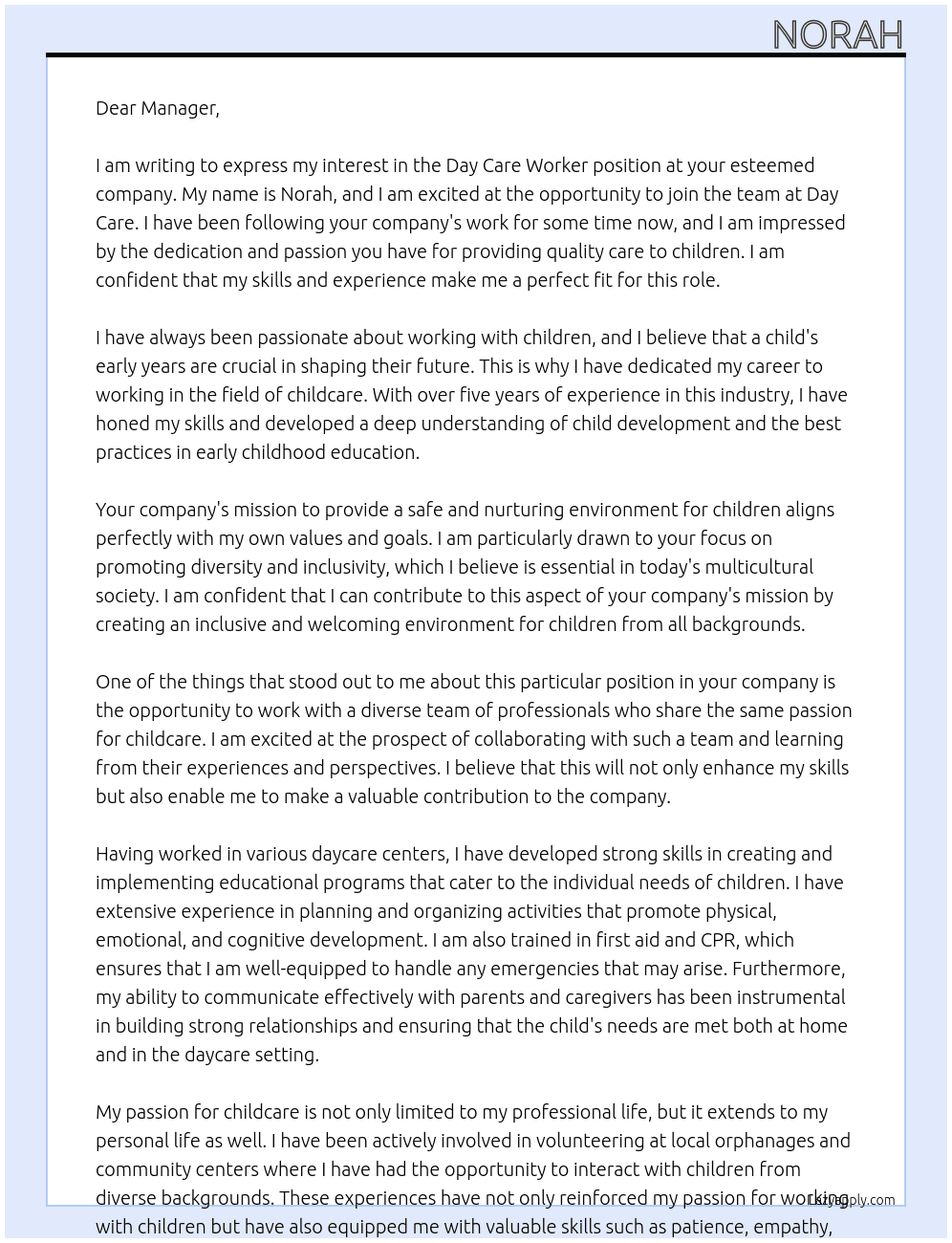 Day care worker  At Day care Cover Letter