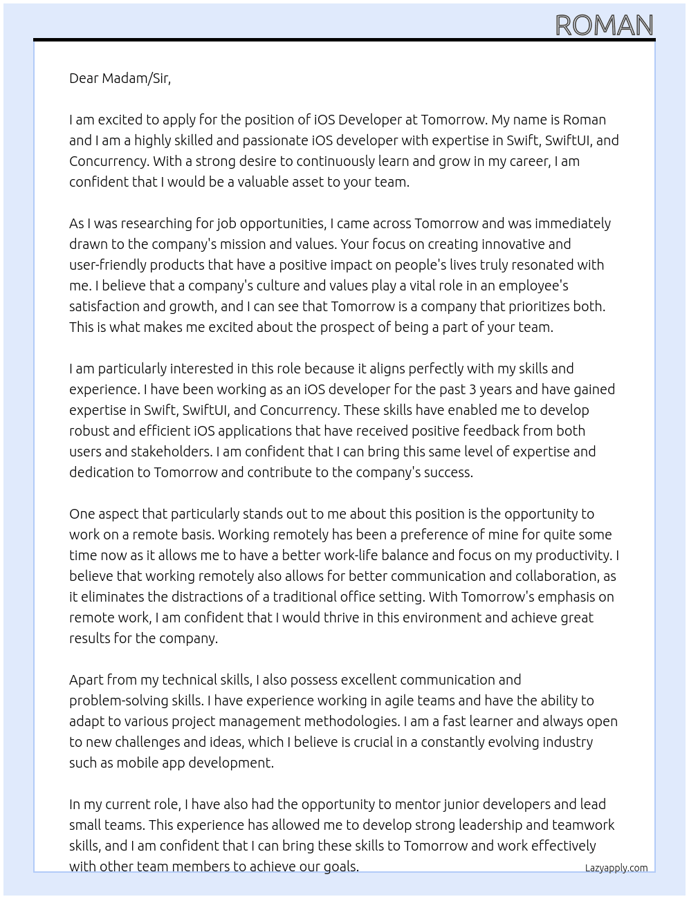 iOS Developer At Tomorrow Cover Letter