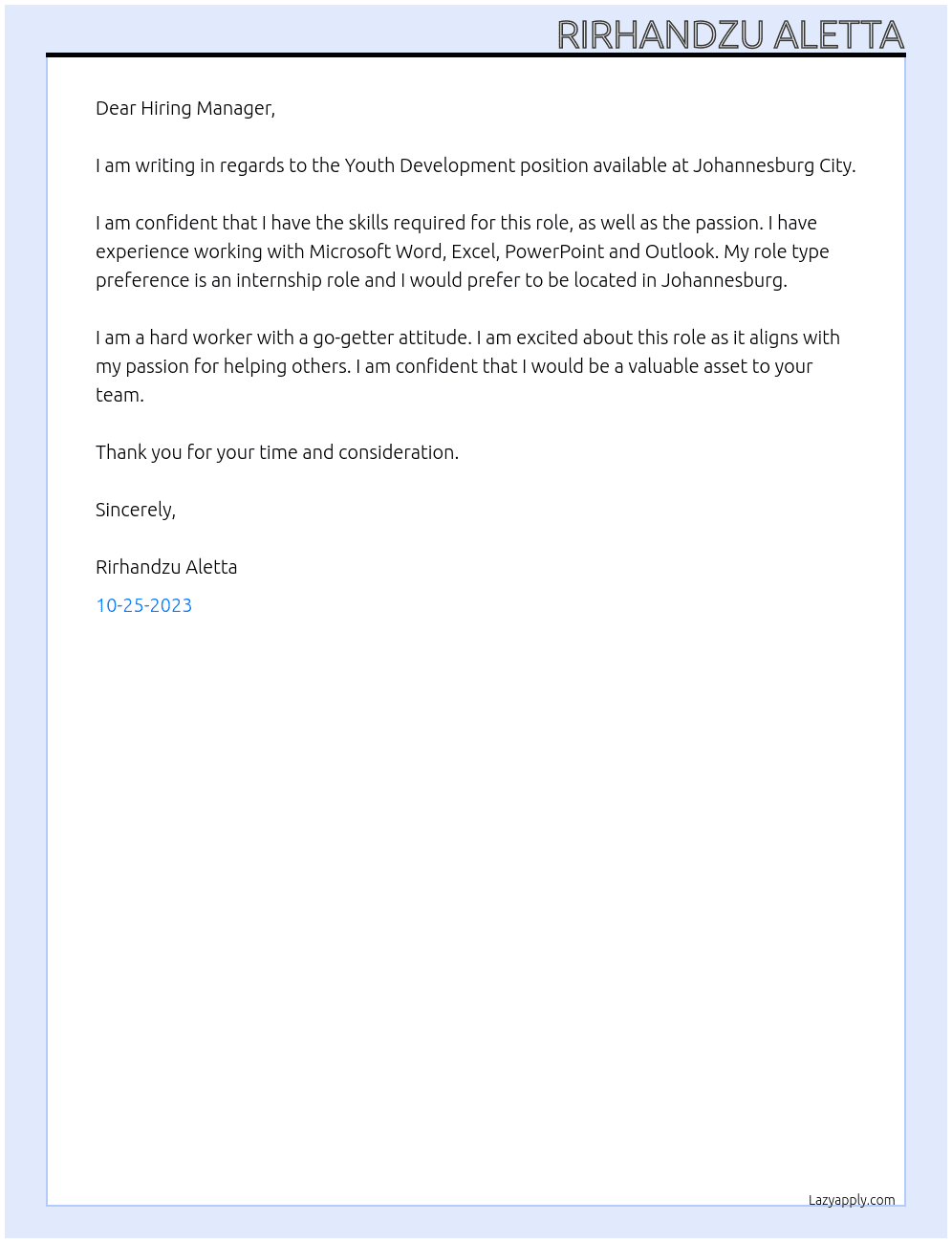 Youth development  At Johannesburg city  Cover Letter