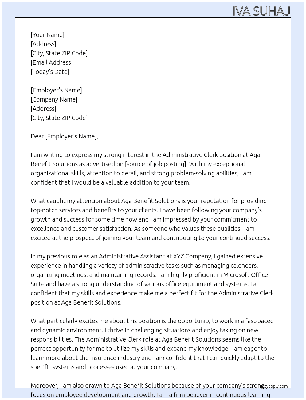administrative clerk At Aga Benefit Solutions Cover Letter
