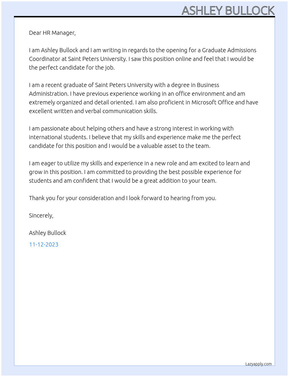 Graduate Admissions Coordinator  At Saint Peters University  Cover Letter