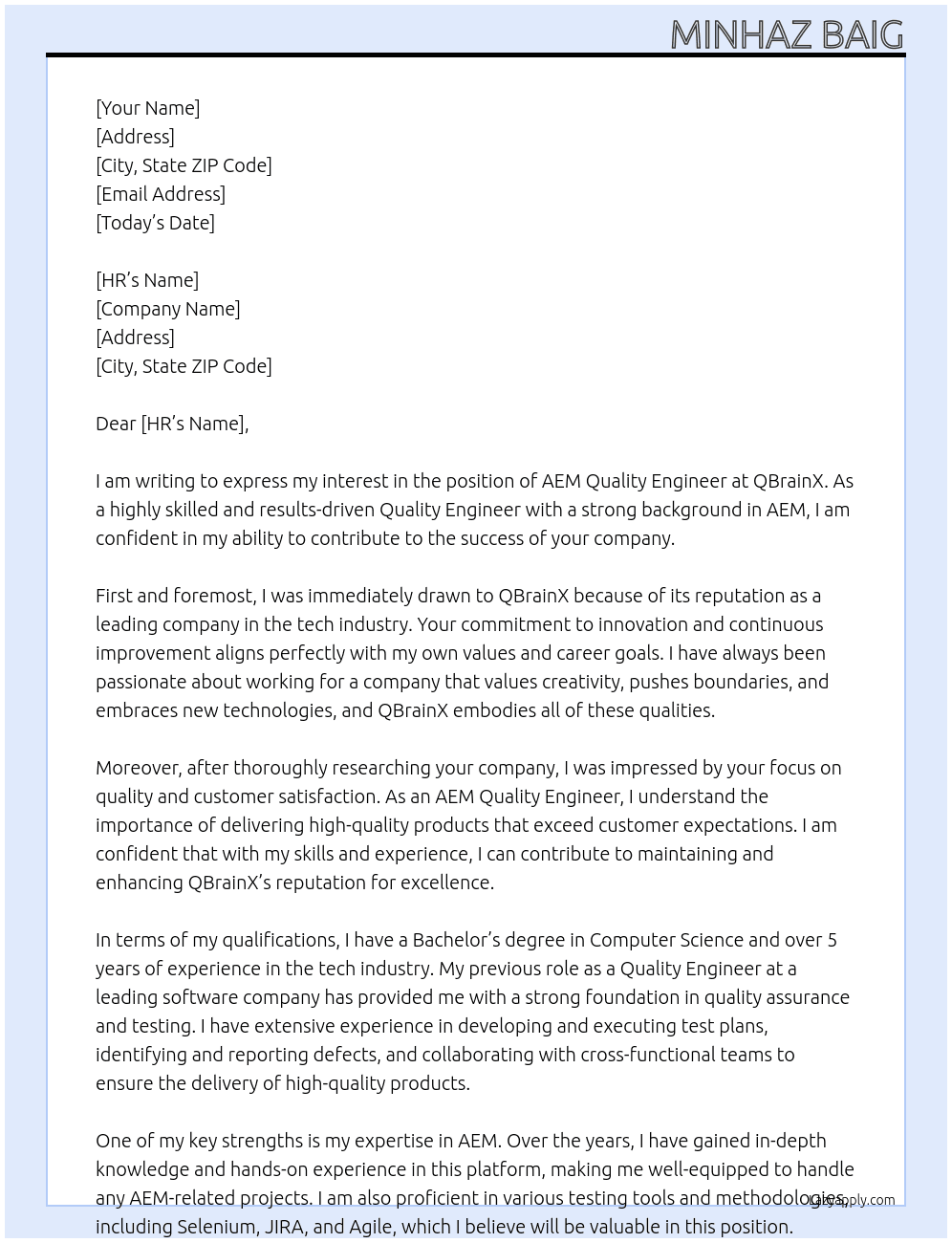 AEM Quality Engineer At QBrainX Cover Letter