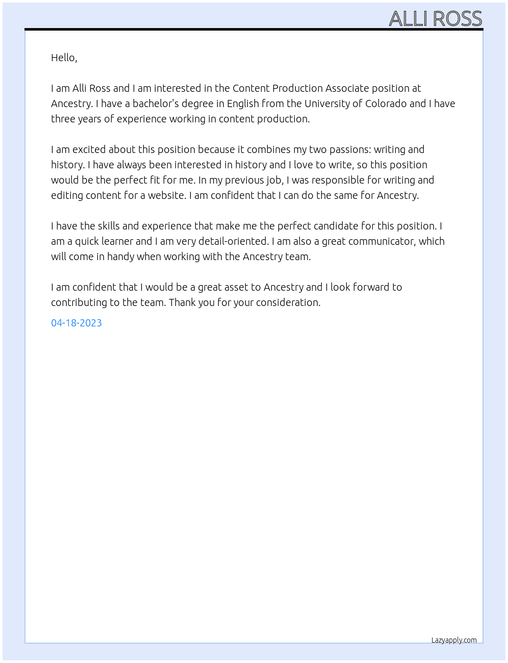 Content Production Associate At Ancestry Cover Letter