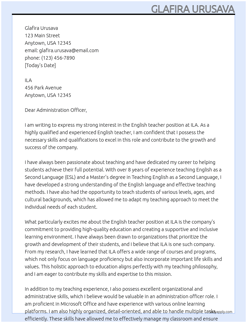 English teacher  At ILA Cover Letter
