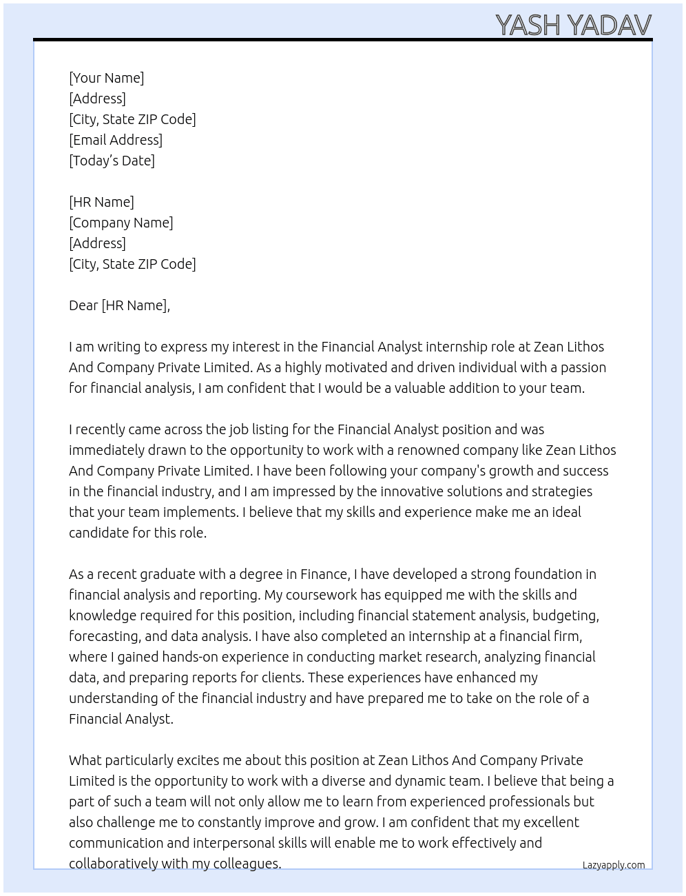 Financial Analyst At Zean Lithos And Company Private Limited Cover Letter