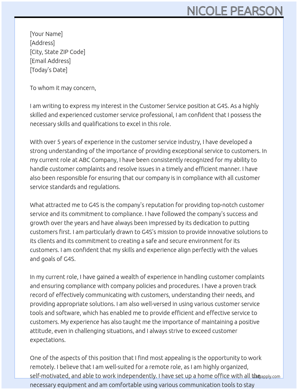 Customer Service  At G4S Cover Letter