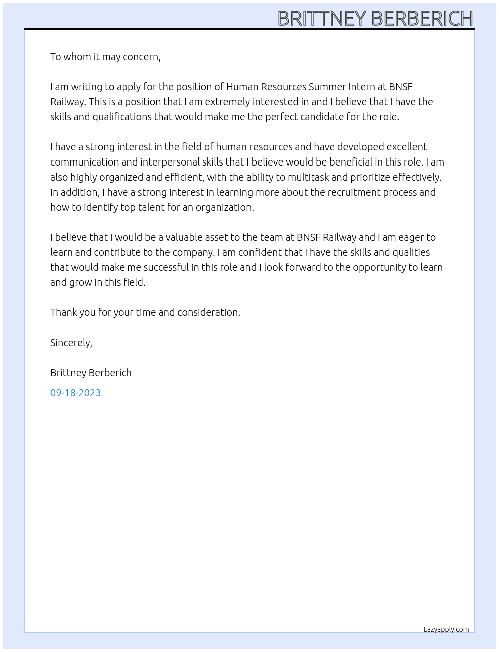 Human Resources Summer Intern At BNSF Railway Cover Letter