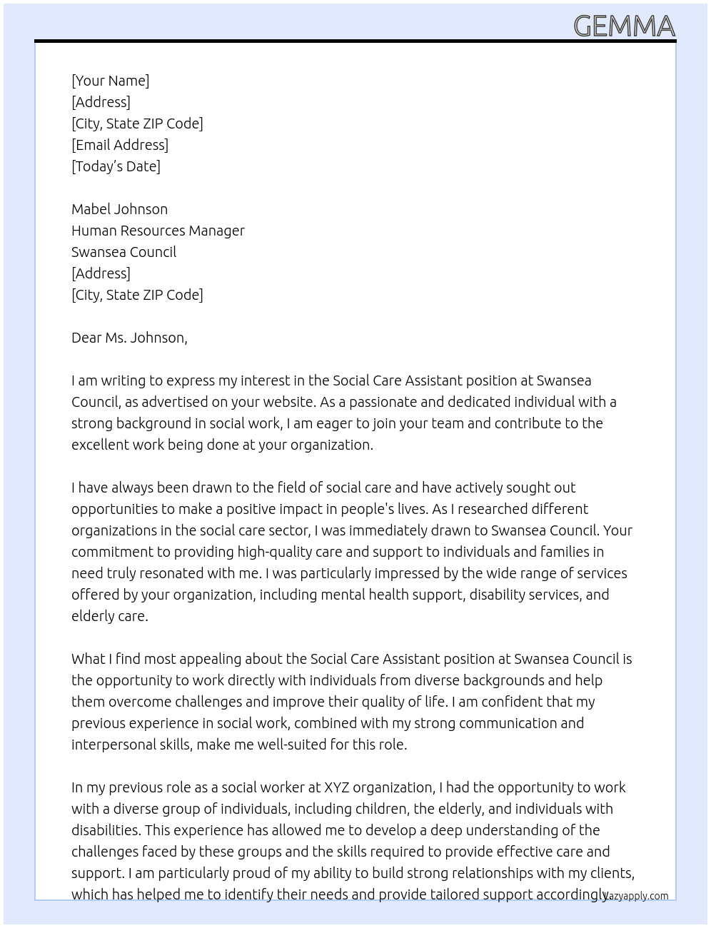 social care assistant At Swansea Council Cover Letter